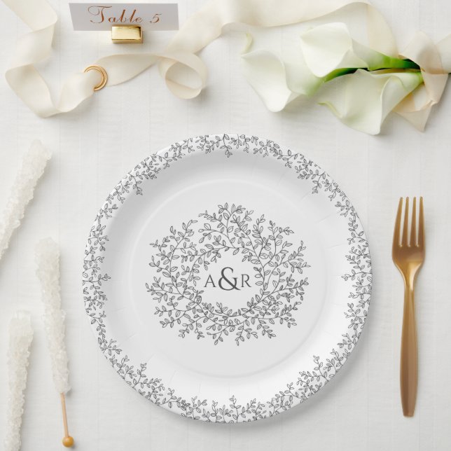 Assiettes En Carton Mono gris blanc cercle feuille art monogramme mari (Mariage)