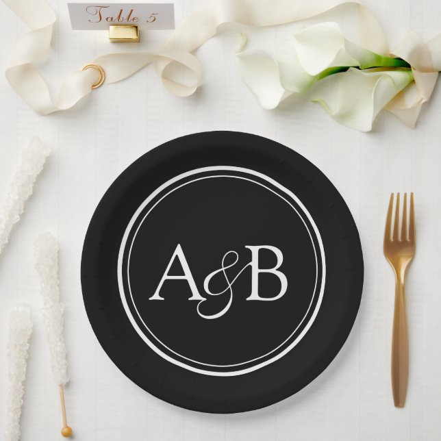 Assiettes En Carton Monogram and Ampersand Couple's Black and White (Mariage)
