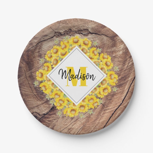 Assiettes En Carton Monogram de Rustic Sunflowers & Wood Texture (Devant)