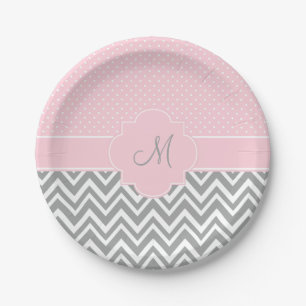 Assiettes En Carton Monogram Grey Chevron avec point Polka rose pastel