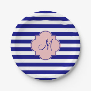 Assiettes En Carton Monogram Marine bleu et bébé rose Motif rayé
