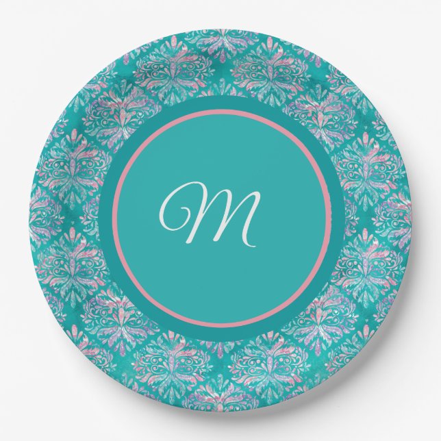 Assiettes En Carton Monogramed Teal Pattern Napkins (Devant)