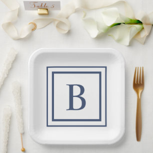 Assiettes En Carton Monogramme à bordure carrée bleu marine et blanc