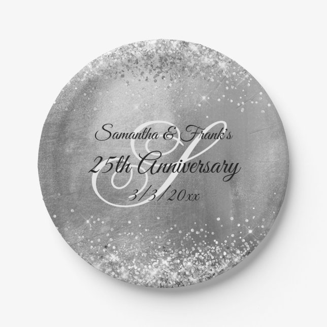 Assiettes En Carton Monogramme à huile d'argent 25e anniversaire (Devant)
