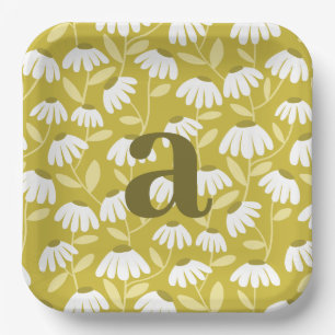 Assiettes En Carton Monogramme à lettre unique, motif floral vert oliv
