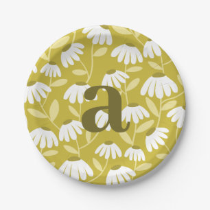 Assiettes En Carton Monogramme à lettre unique, motif floral vert oliv