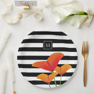 Assiettes En Carton Monogramme à rayures noires chic