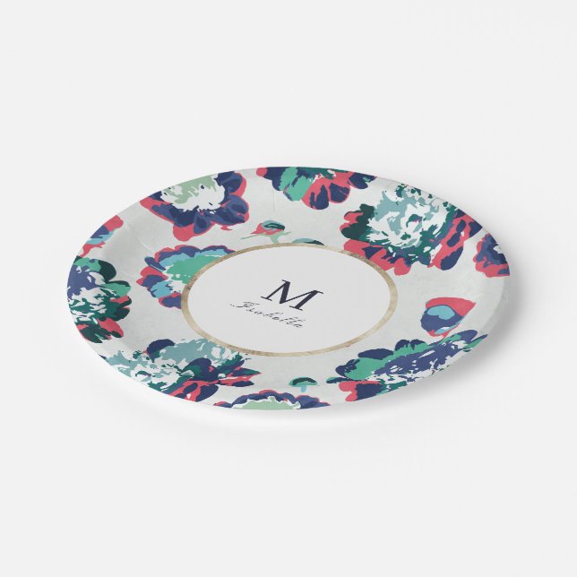 Assiettes En Carton Monogramme abstrait floral or vert classique moder (Angle)