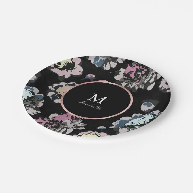 Assiettes En Carton monogramme abstrait noir classique moderne (Angle)