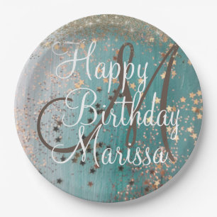 Assiettes En Carton Monogramme Anniversaire Gold Stations sur Turquois