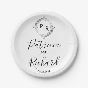 Assiettes En Carton Monogramme Aquarelle Florale Mariage