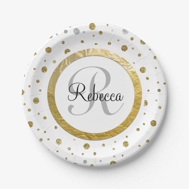 Assiettes En Carton Monogramme argent et or Confetti (Devant)
