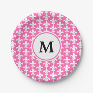 Assiettes En Carton Monogramme Blanc et rose chaud Fleur de Lis Motif