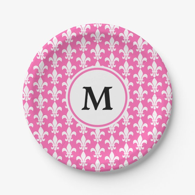 Assiettes En Carton Monogramme Blanc et rose chaud Fleur de Lis Motif (Devant)