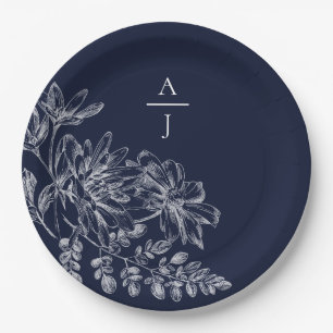 Assiettes En Carton Monogramme bleu marine moderne Plaque en papier fl
