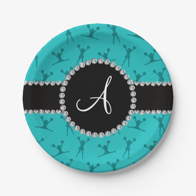 Assiettes En Carton Monogramme bleu turquoise en tête de cercle noir (Devant)