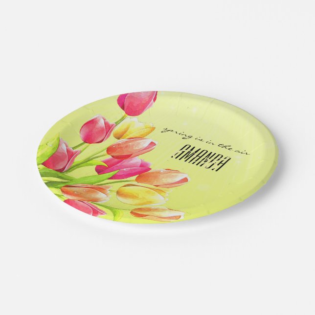 Assiettes En Carton Monogramme Bouquet Tulipes Aquarelles (Angle)