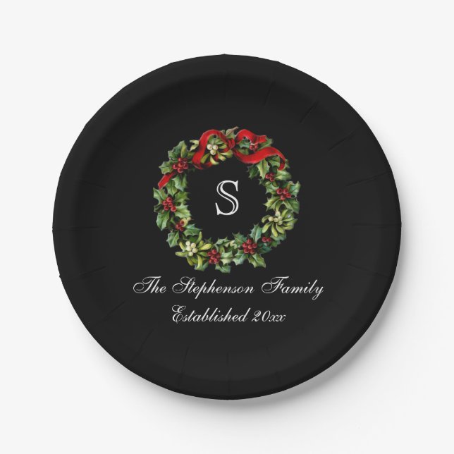 Assiettes En Carton Monogramme classique Holly Wreath Custom Christmas (Devant)