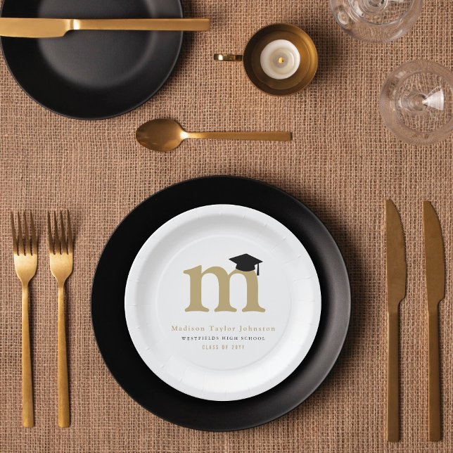 Assiettes En Carton Monogramme classique simple Fête de graduation mod (Simple Classic Graduate's Monogram Modern Graduation Party Paper Plate @ zazzle.com/color_therapy)