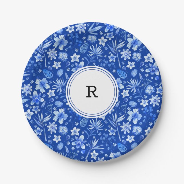 Assiettes En Carton Monogramme, Cobalt Blue Tropical Flowers Motif 7" (Devant)
