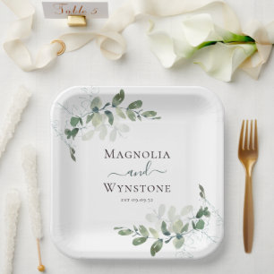 Assiettes En Carton Monogramme d'aquarelle Eucalyptus