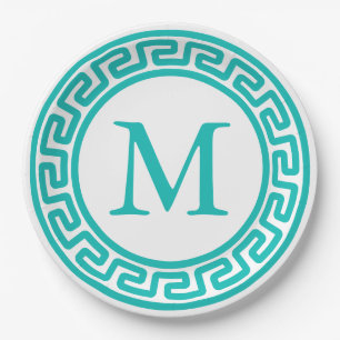 Assiettes En Carton Monogramme de bordure clé grecque ronde Turquoise