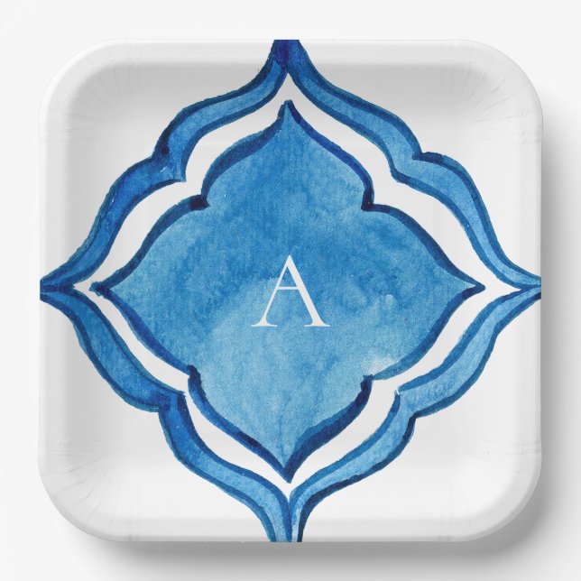 Assiettes En Carton Monogramme de Carrelage bleu cobalt méditerranéen (Recto)