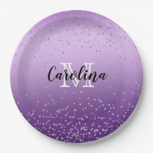 Assiettes En Carton Monogramme de Confetti Purple Ombre argenté