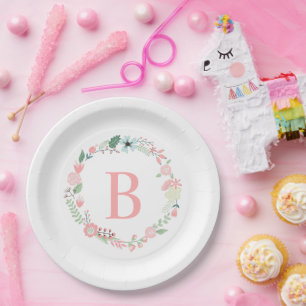 Assiettes En Carton Monogramme de couronne de fleurs rose
