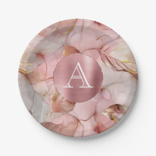 Assiettes En Carton Monogramme de Feuilles d'or rose pâle