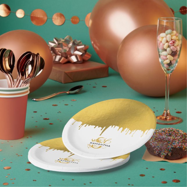 Assiettes En Carton Monogramme de gouttes métalliques or tendance (Multi)