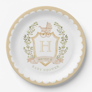 Assiettes En Carton Monogramme de la crête de bébé   Baby shower neutr