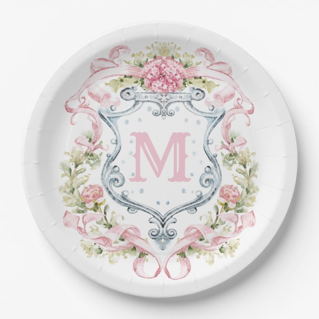 Assiettes En Carton Monogramme de la crête florale du millénaire | Mar (Devant)