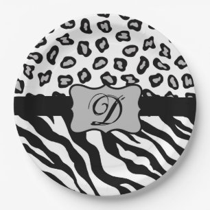 Assiettes En Carton Monogramme de la peau du léopard blanc noir
