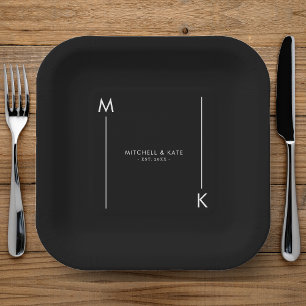Assiettes En Carton Monogramme de ligne minimaliste Mariage noir et bl
