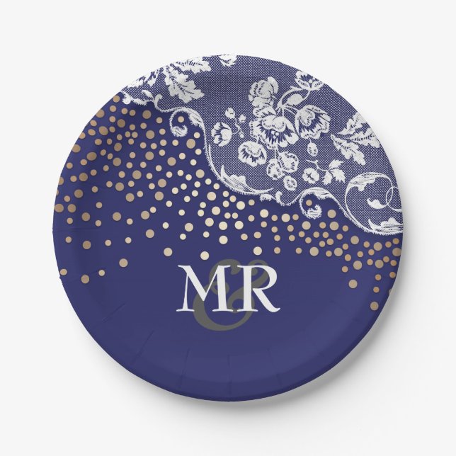 Assiettes En Carton Monogramme de Mariage de dentelle de la marine Con (Devant)