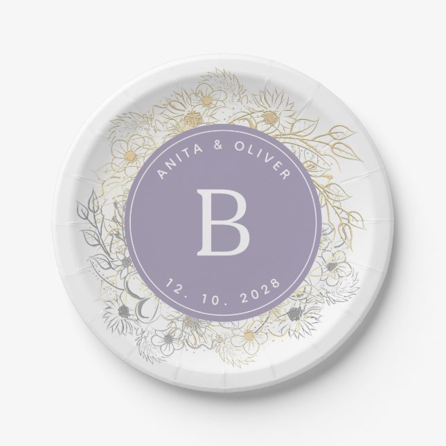 Assiettes En Carton Monogramme de mariage élégant violet (Devant)