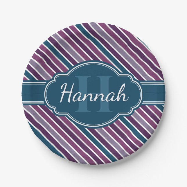 Assiettes En Carton Monogramme de Motif Turquoise Gras Violet (Devant)