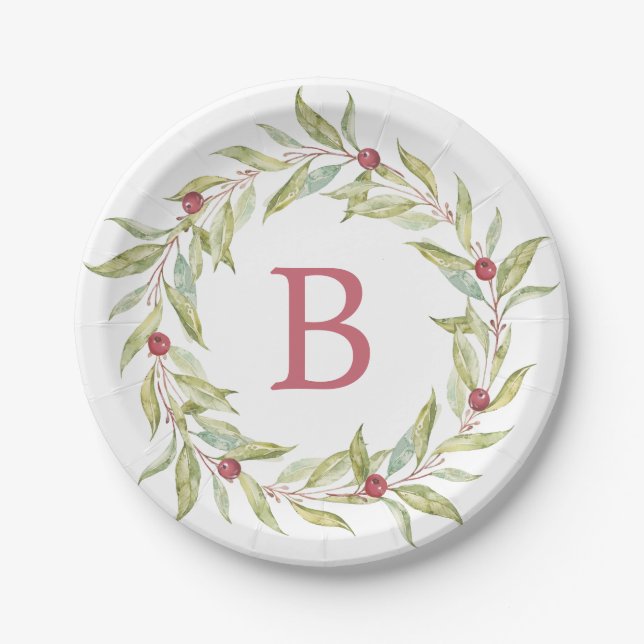 Assiettes En Carton Monogramme de Noël Végétation d'hiver Berries Feui (Devant)