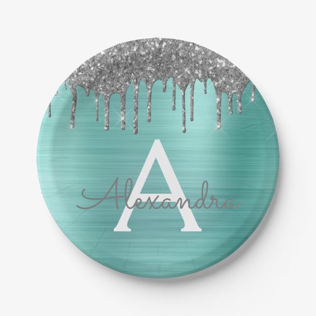 Assiettes En Carton Monogramme de nom en métal brossé avec paillettes  (Devant)