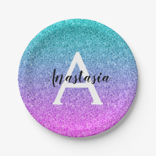 Assiettes En Carton Monogramme de Parties scintillant violet Ombre Pin