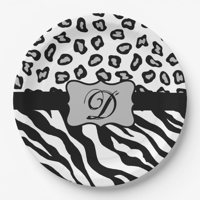 Assiettes En Carton Monogramme de peau de léopard blanc noir (Devant)