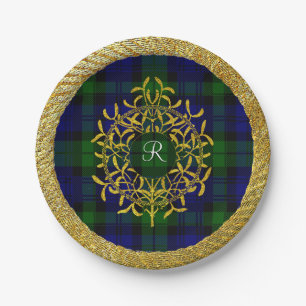 Assiettes En Carton Monogramme de plaid de Blackwatch de gui d'or