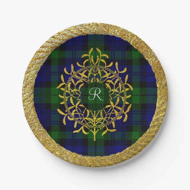 Assiettes En Carton Monogramme de plaid de Blackwatch de gui d'or (Devant)