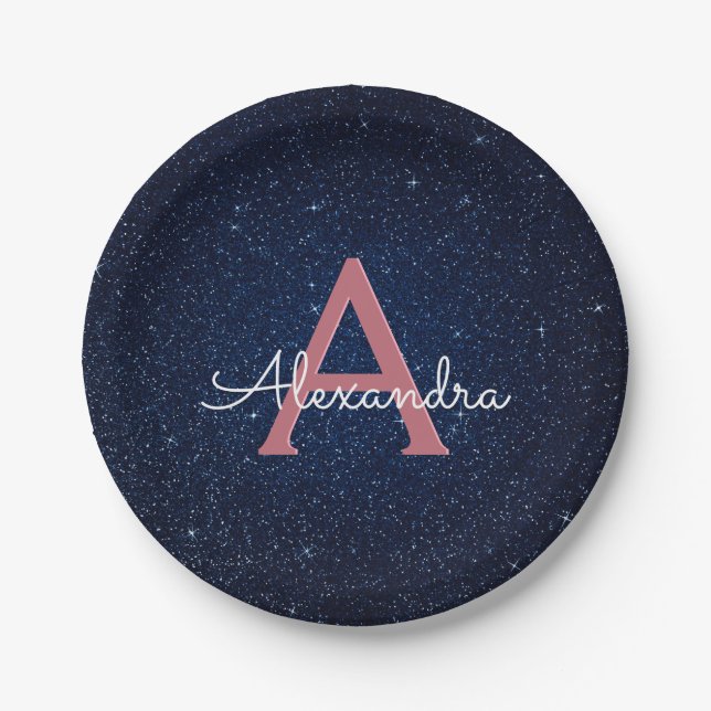 Assiettes En Carton Monogramme d'étincelle bleu marine et Rose or (Devant)