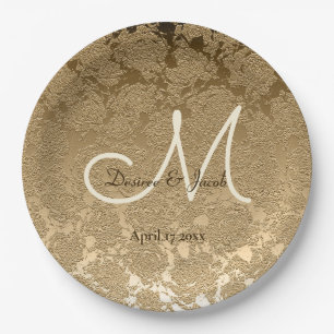 Assiettes En Carton Monogramme d'or Élégant Mariage moderne