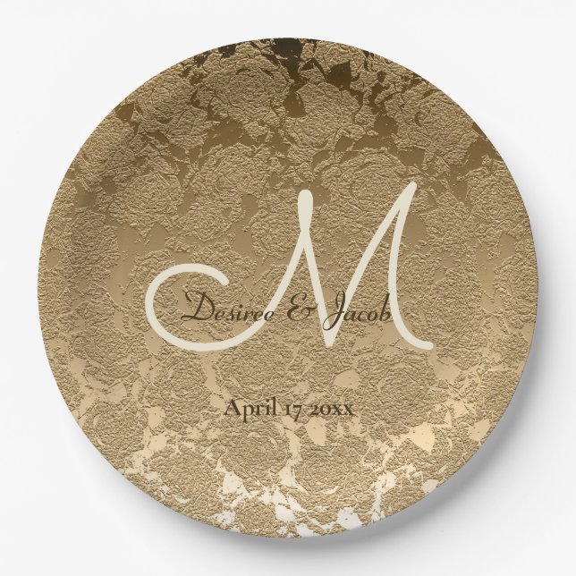 Assiettes En Carton Monogramme d'or Élégant Mariage moderne (Devant)