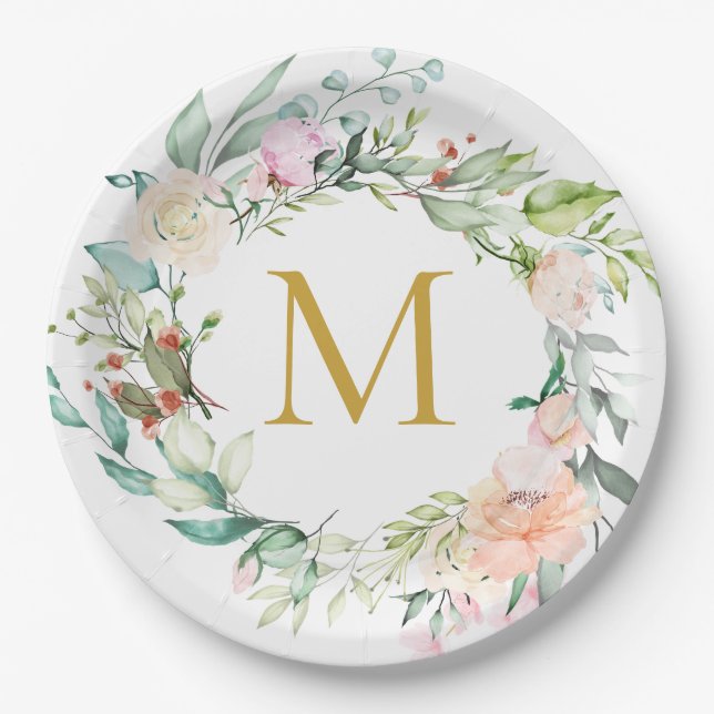 Assiettes En Carton Monogramme d'or Rose Garland Floral (Devant)