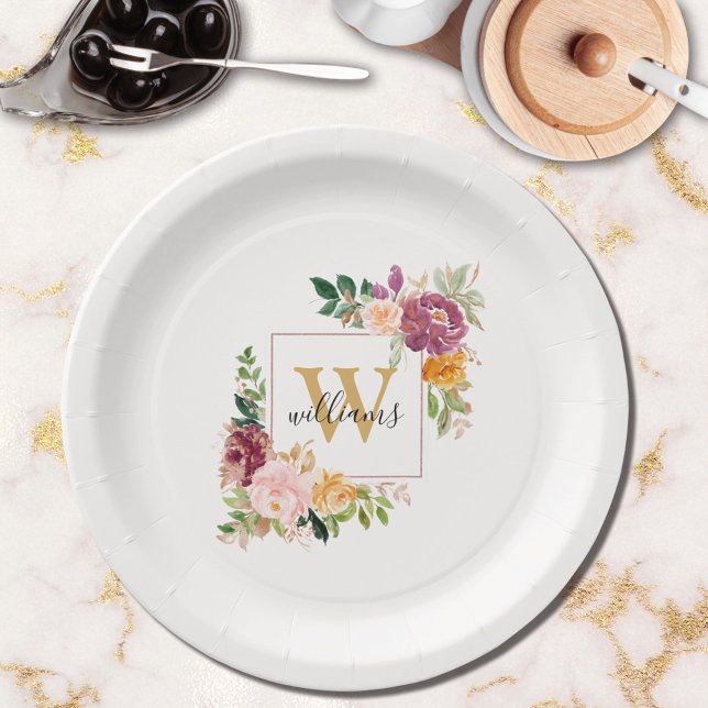 Assiettes En Carton Monogramme Elegant Aquarelle Rose Floral Botanique (In situ)