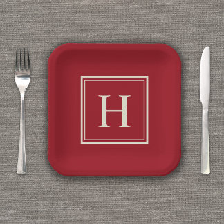 Assiettes En Carton Monogramme Élégant Classique sur Rouge Cranberry